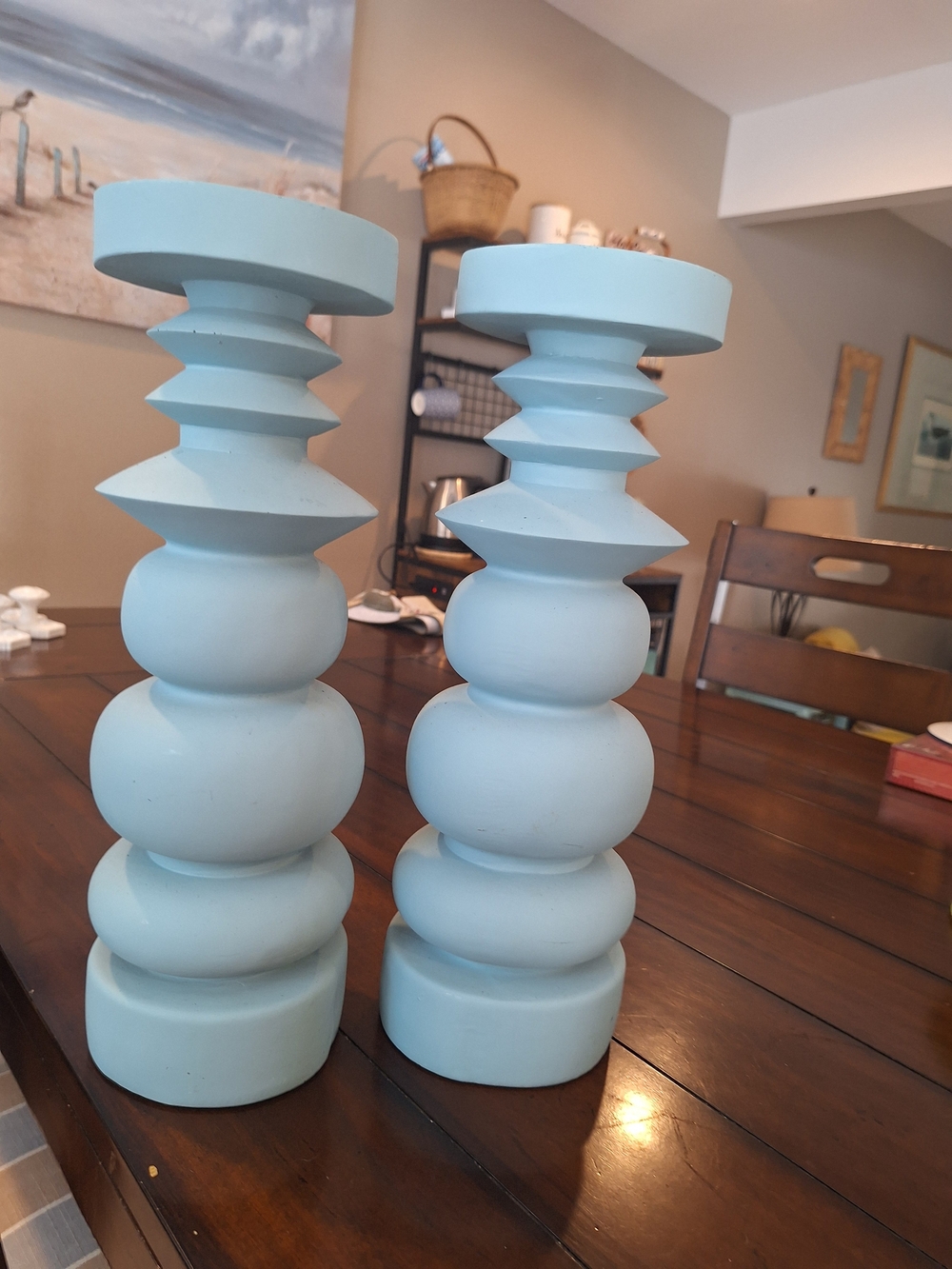 Pair of Sculptural Light Blue Wooden Candle Holders